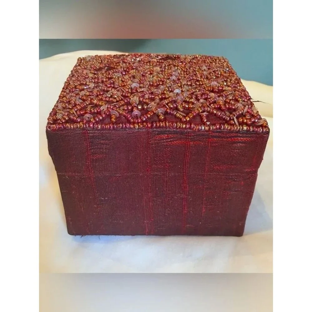 Vintage Red Beaded Wooden Jewelry Box Trinket Keepsake Box Mirror Boho Decor